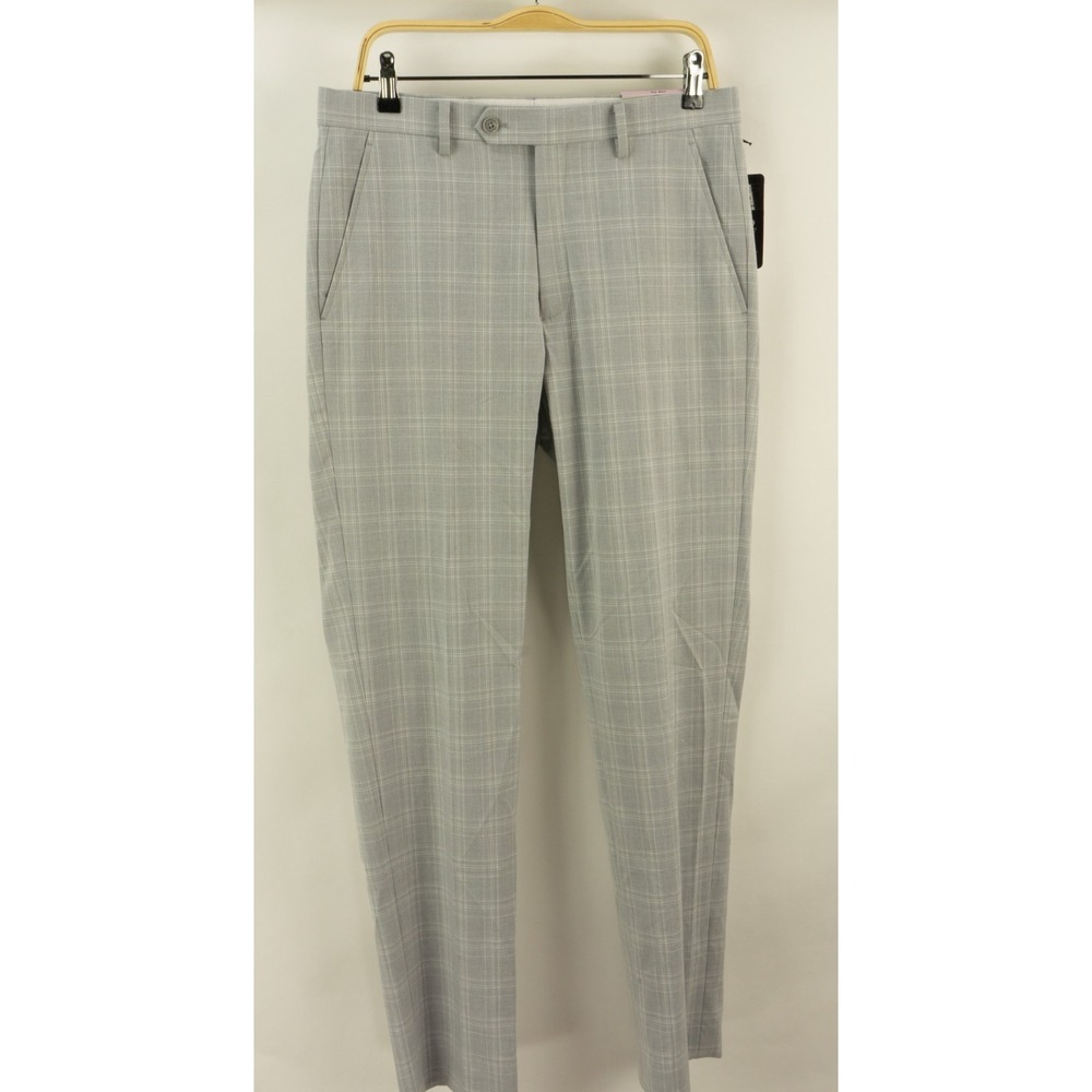 $135 Alfani Slim Performance Dress Pants Light Grey Plaid Stretch Men's 32 / 34